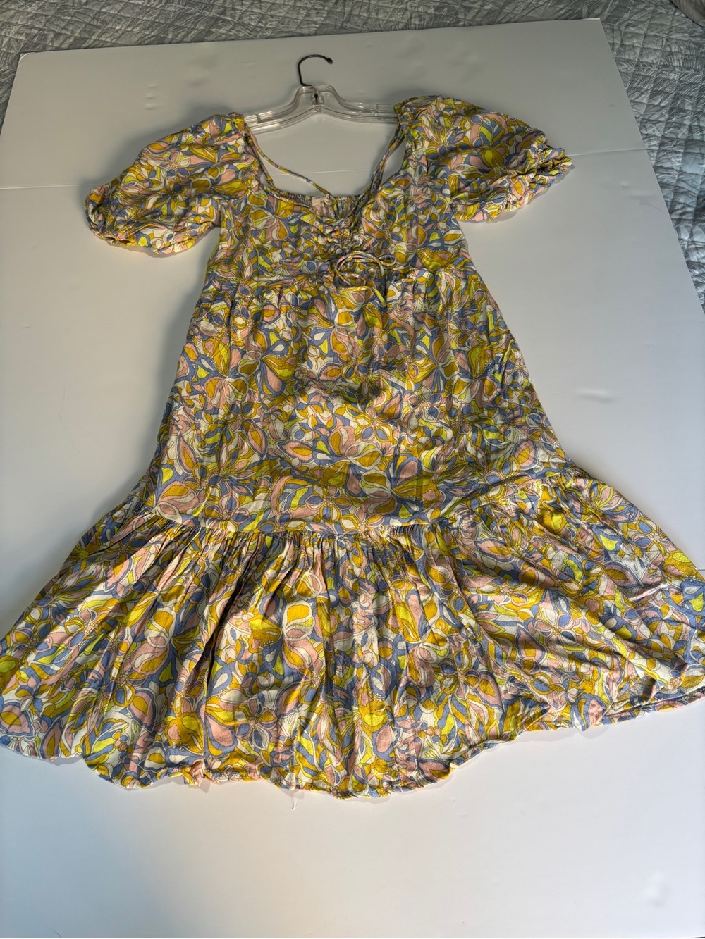 Lovestitch Yellow Blue Pink Retro Print Puff Sleeve Tiered Midi Dress - Medium